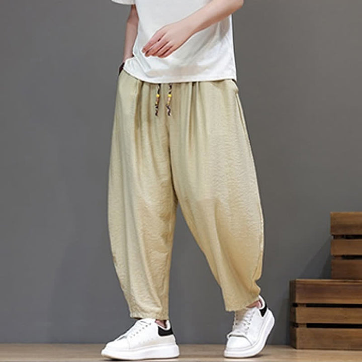 Buddha Stones Pantaloni corti estivi casual minimalisti con coulisse, modello harem da uomo con tasca - image 34