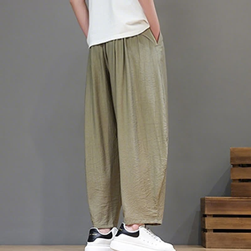 Buddha Stones Pantaloni corti estivi casual minimalisti con coulisse, modello harem da uomo con tasca - image 26