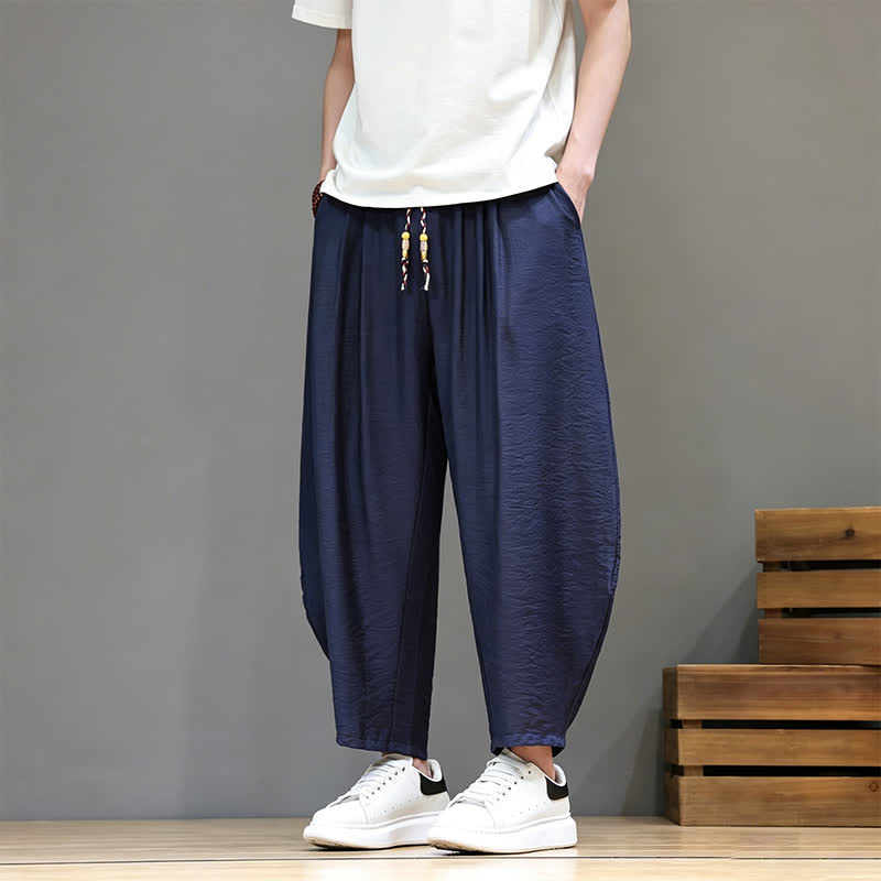 Buddha Stones Pantaloni corti estivi casual minimalisti con coulisse, modello harem da uomo con tasca - Marina - US/UK/AU46, EU56 (5XL) - image 0