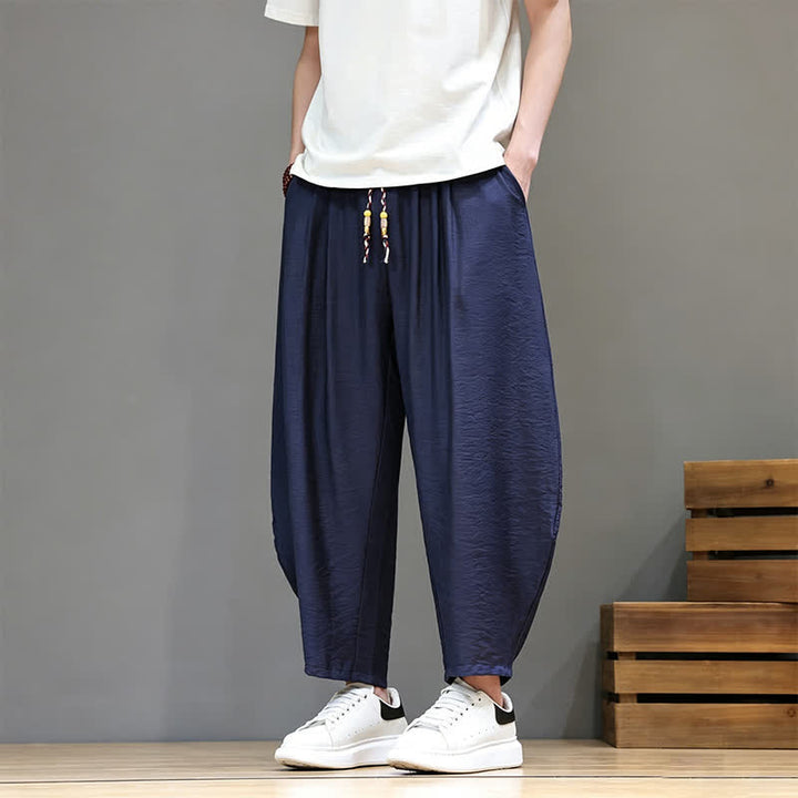 Buddha Stones Pantaloni corti estivi casual minimalisti con coulisse, modello harem da uomo con tasca - Marina - US/UK/AU46, EU56 (5XL) - image 0