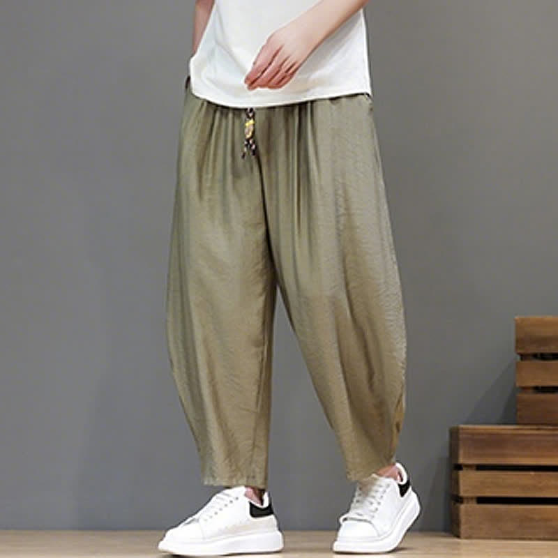 Buddha Stones Pantaloni corti estivi casual minimalisti con coulisse, modello harem da uomo con tasca - image 27