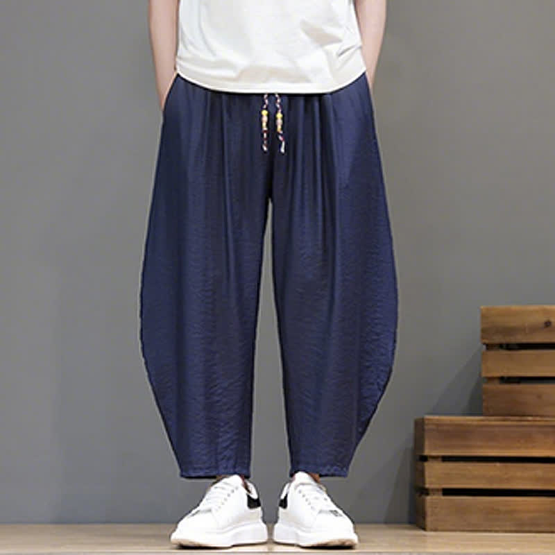 Buddha Stones Pantaloni corti estivi casual minimalisti con coulisse, modello harem da uomo con tasca - image 1