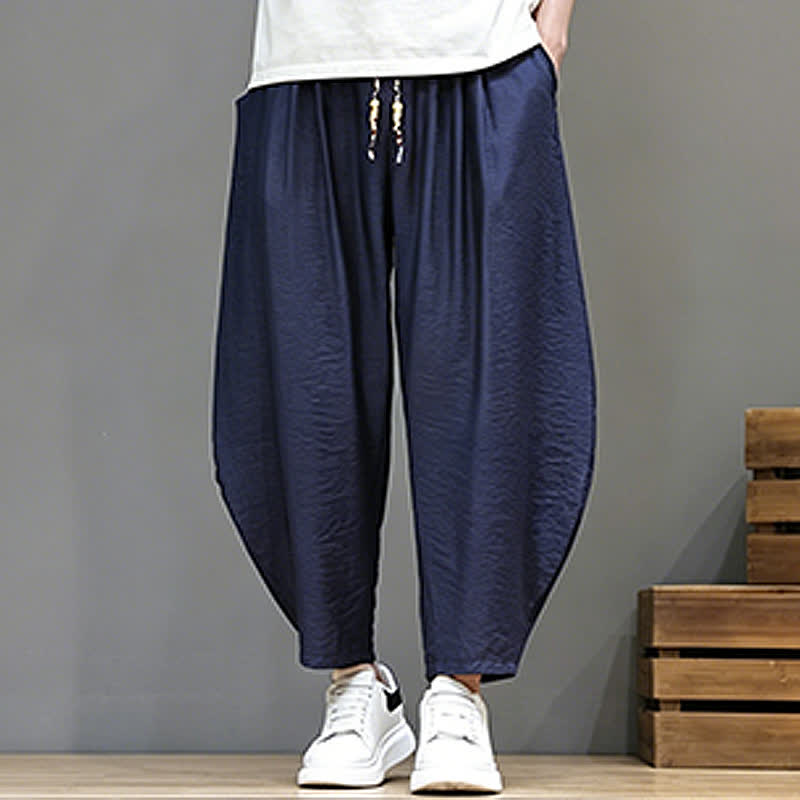 Buddha Stones Pantaloni corti estivi casual minimalisti con coulisse, modello harem da uomo con tasca - image 9