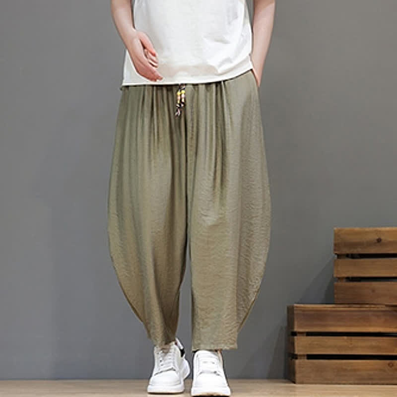 Buddha Stones Pantaloni corti estivi casual minimalisti con coulisse, modello harem da uomo con tasca - image 22
