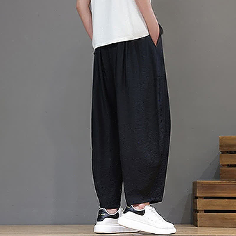Buddha Stones Pantaloni corti estivi casual minimalisti con coulisse, modello harem da uomo con tasca - image 17