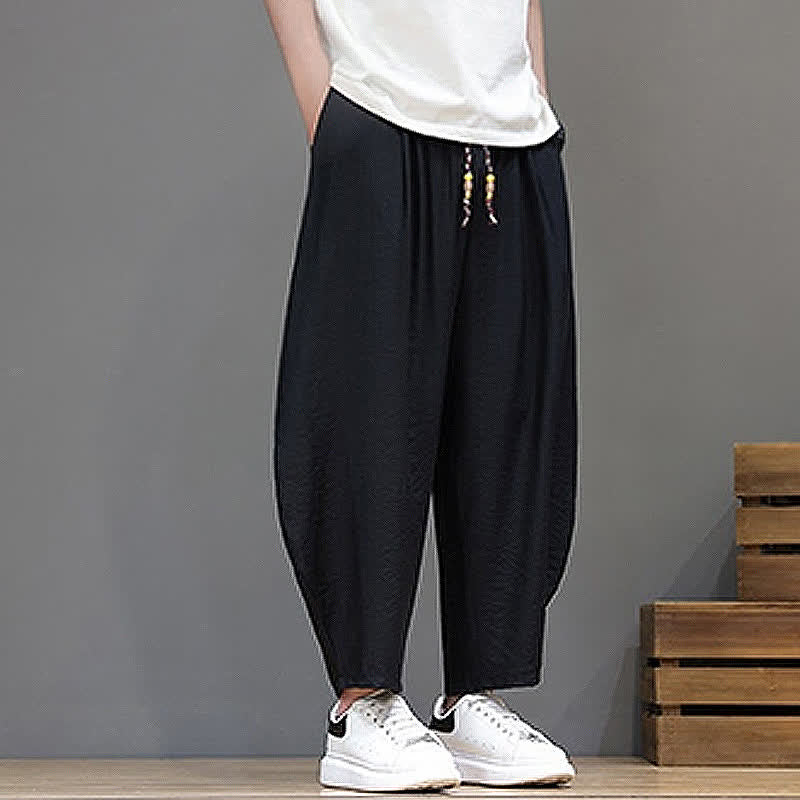 Buddha Stones Pantaloni corti estivi casual minimalisti con coulisse, modello harem da uomo con tasca - image 12
