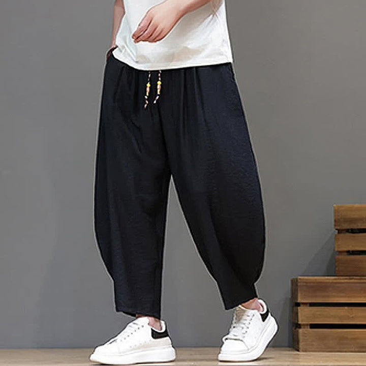 Buddha Stones Pantaloni corti estivi casual minimalisti con coulisse, modello harem da uomo con tasca - image 11