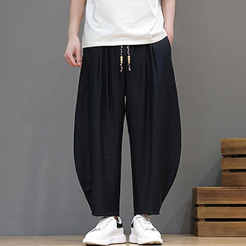 Buddha Stones Pantaloni corti estivi casual minimalisti con coulisse, modello harem da uomo con tasca - image 13