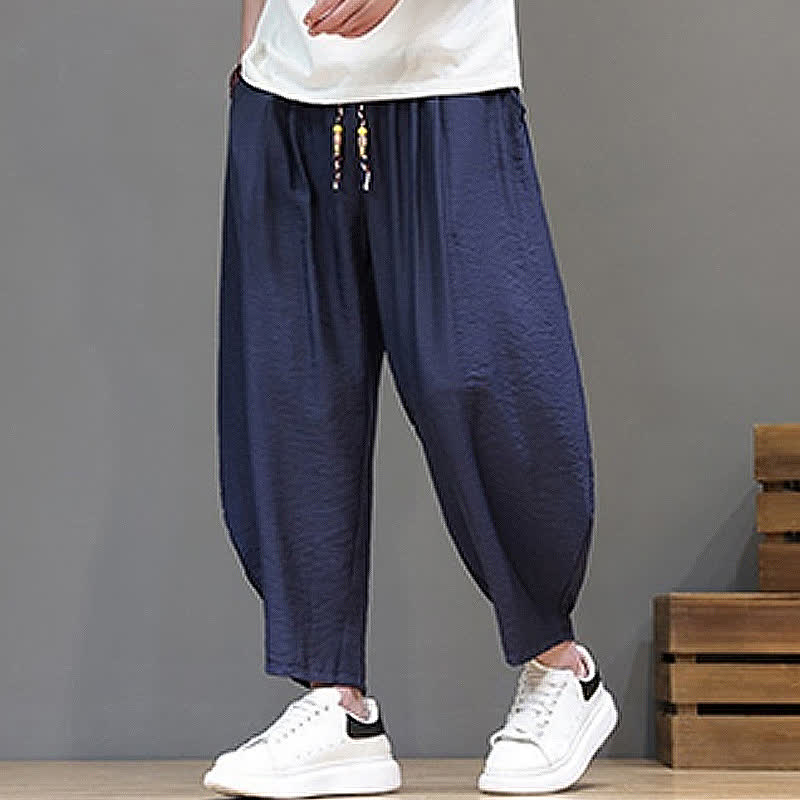 Buddha Stones Pantaloni corti estivi casual minimalisti con coulisse, modello harem da uomo con tasca - image 5