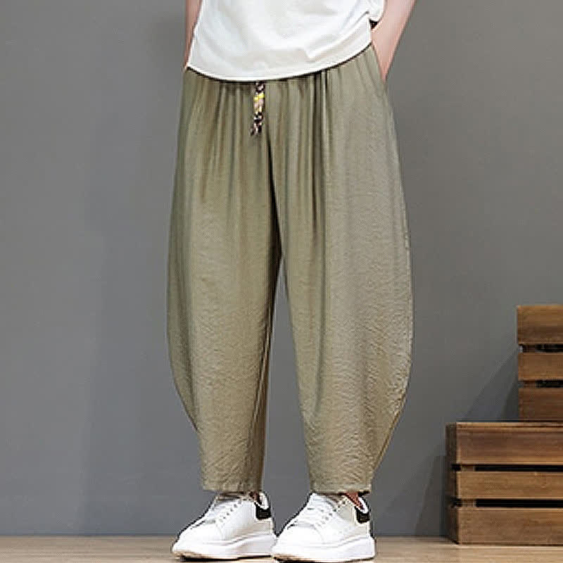 Buddha Stones Pantaloni corti estivi casual minimalisti con coulisse, modello harem da uomo con tasca - image 21