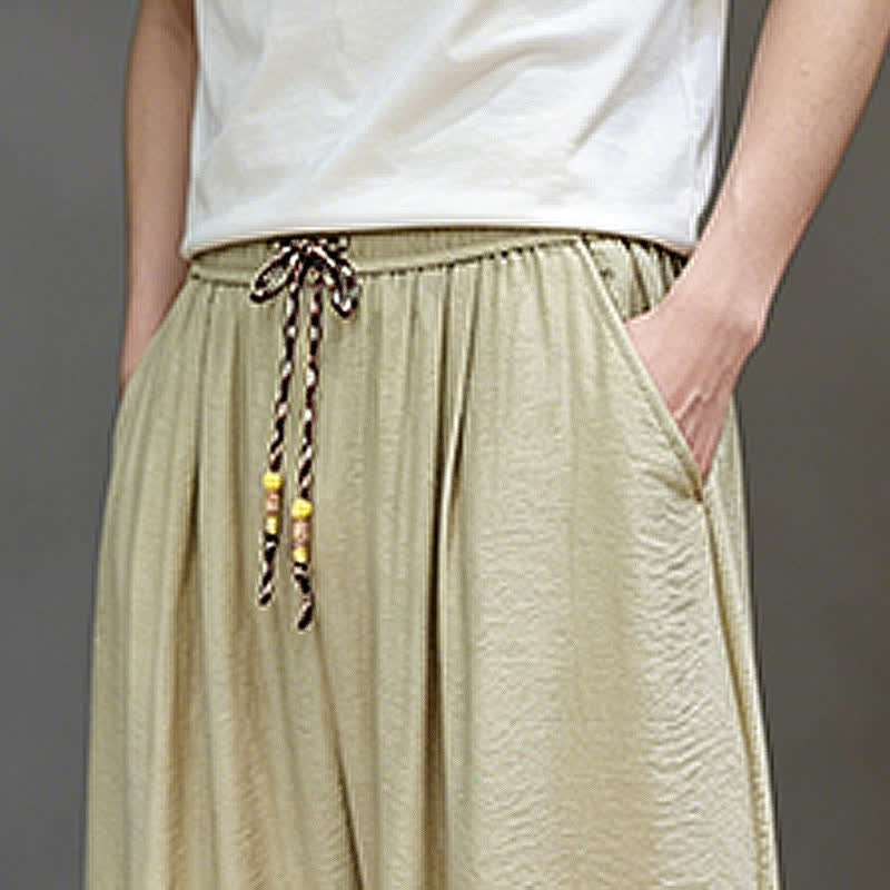 Buddha Stones Pantaloni corti estivi casual minimalisti con coulisse, modello harem da uomo con tasca - image 41