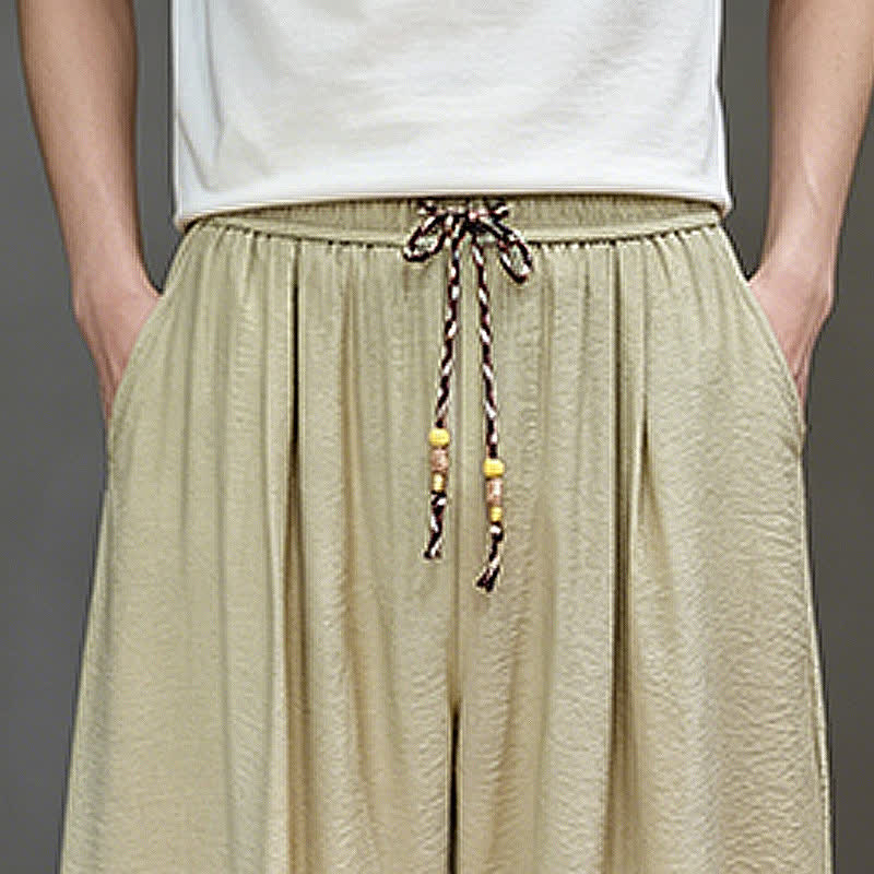 Buddha Stones Pantaloni corti estivi casual minimalisti con coulisse, modello harem da uomo con tasca - image 42