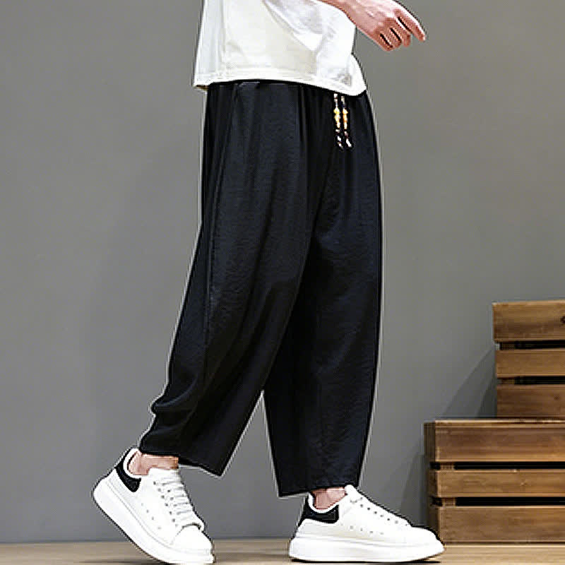 Buddha Stones Pantaloni corti estivi casual minimalisti con coulisse, modello harem da uomo con tasca - image 18