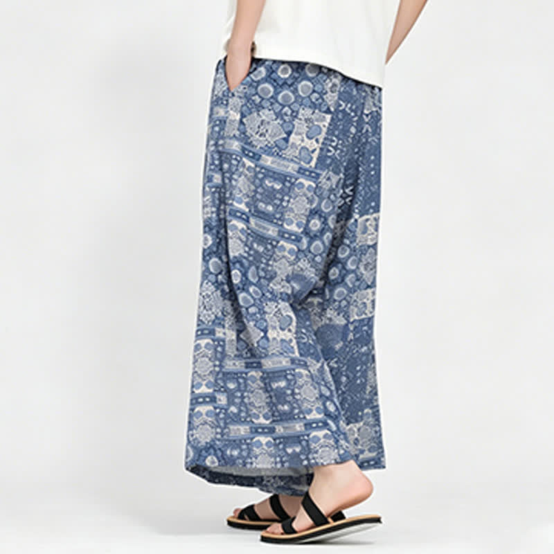 Buddha Stones Pantaloni capri estivi boho casual con coulisse e stampa floreale, pantaloni da uomo a gamba larga con tasca - image 1