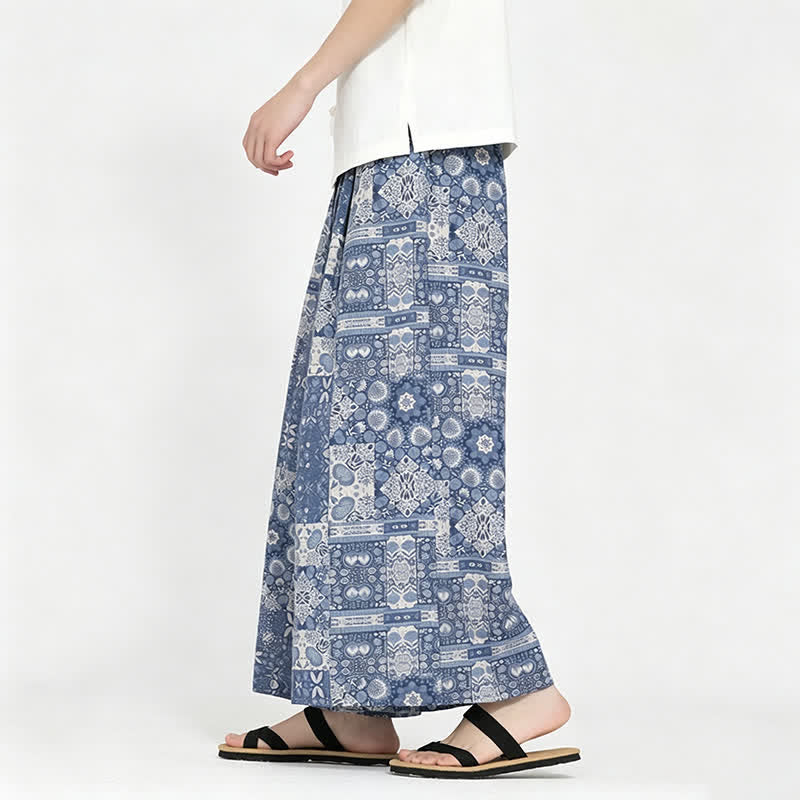 Buddha Stones Pantaloni capri estivi boho casual con coulisse e stampa floreale, pantaloni da uomo a gamba larga con tasca - image 4