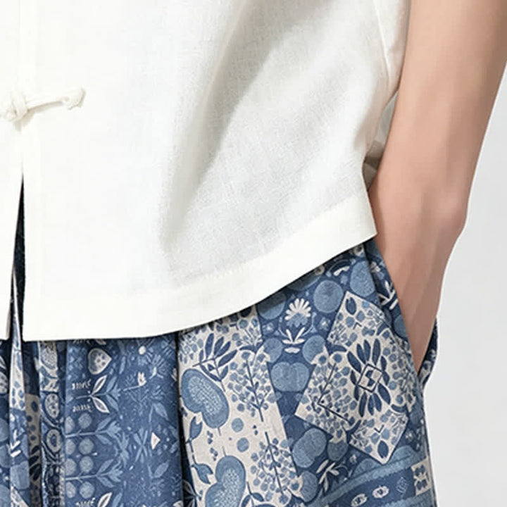 Buddha Stones Pantaloni capri estivi boho casual con coulisse e stampa floreale, pantaloni da uomo a gamba larga con tasca - image 11