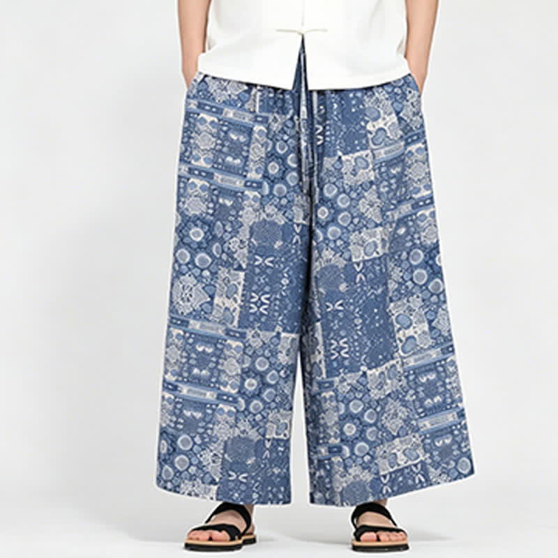 Buddha Stones Pantaloni capri estivi boho casual con coulisse e stampa floreale, pantaloni da uomo a gamba larga con tasca - image 2