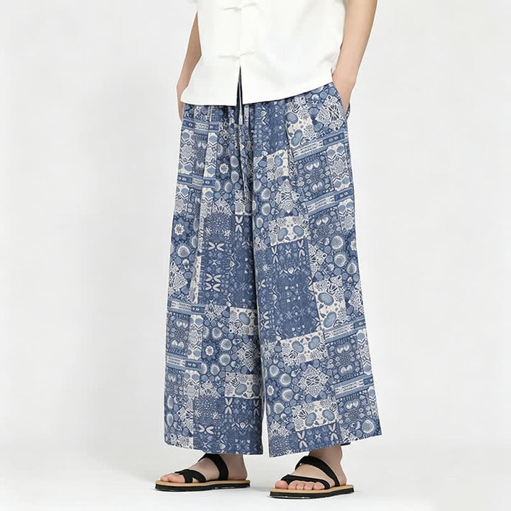 Buddha Stones Pantaloni capri estivi boho casual con coulisse e stampa floreale, pantaloni da uomo a gamba larga con tasca - SteelBlue - US/UK/AU48, EU58 (5XL) - image 0