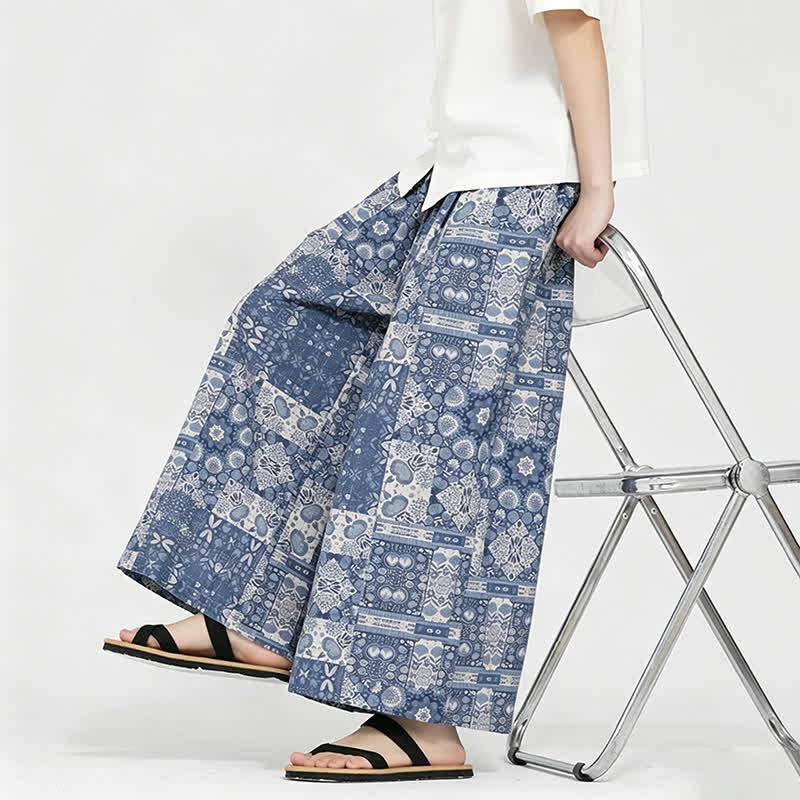 Buddha Stones Pantaloni capri estivi boho casual con coulisse e stampa floreale, pantaloni da uomo a gamba larga con tasca - image 7