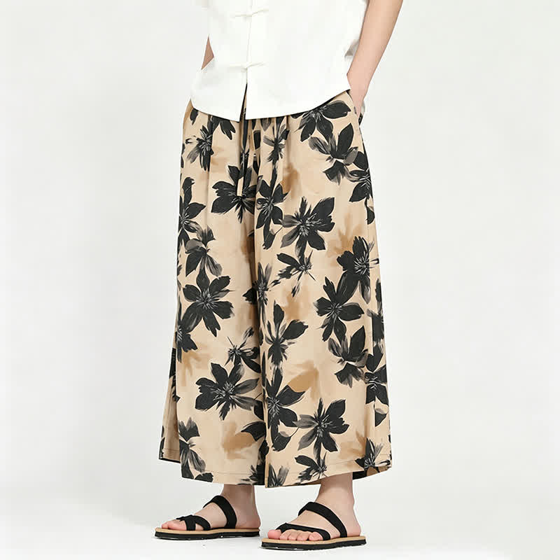 Buddha Stones Pantaloni capri estivi boho casual con coulisse e stampa floreale, pantaloni da uomo a gamba larga con tasca - Cachi - US/UK/AU48, EU58 (5XL) - image 13