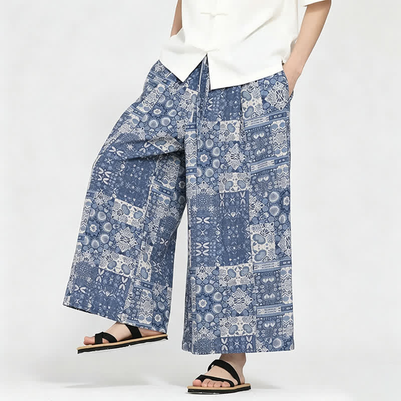 Buddha Stones Pantaloni capri estivi boho casual con coulisse e stampa floreale, pantaloni da uomo a gamba larga con tasca - image 8