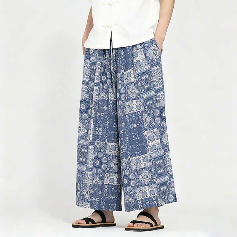 Buddha Stones Pantaloni capri estivi boho casual con coulisse e stampa floreale, pantaloni da uomo a gamba larga con tasca - image 5