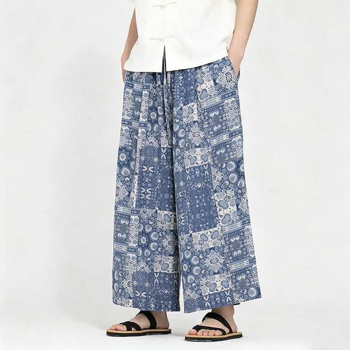 Buddha Stones Pantaloni capri estivi boho casual con coulisse e stampa floreale, pantaloni da uomo a gamba larga con tasca - image 5