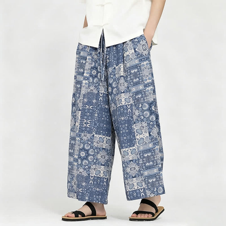 Buddha Stones Pantaloni capri estivi boho casual con coulisse e stampa floreale, pantaloni da uomo a gamba larga con tasca - image 3