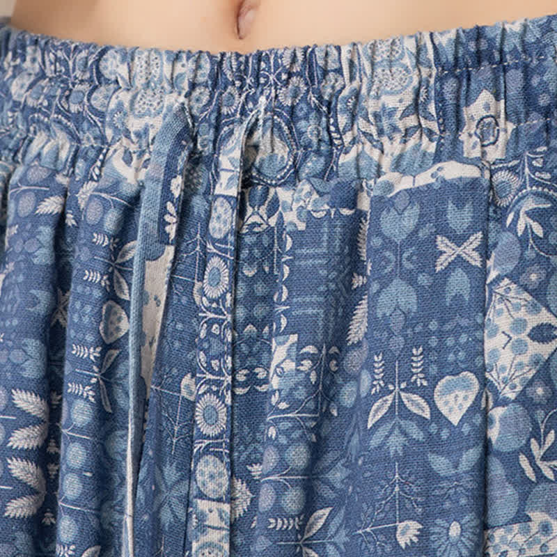 Buddha Stones Pantaloni capri estivi boho casual con coulisse e stampa floreale, pantaloni da uomo a gamba larga con tasca - image 10