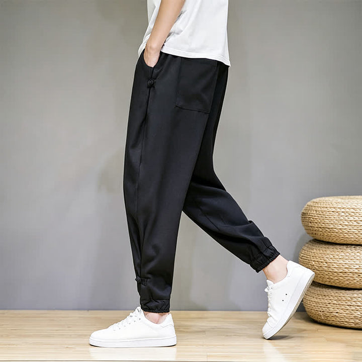 Buddha Stones Pantaloni capri estivi casual minimalisti con coulisse, tinta unita, da uomo, affusolati con tasca - Nero - US/UK/AU46, EU56 (5XL) - image 15