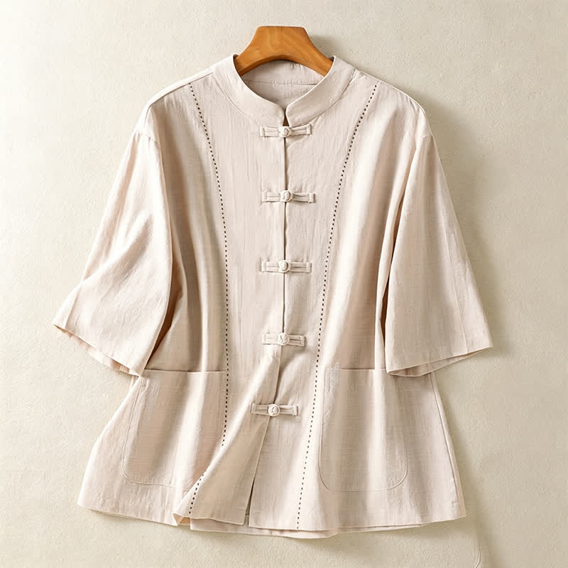 Buddha Stones Camicia da donna a maniche corte, tinta unita, stile vintage Tang, con colletto alla coreana, bottoni a rana e tasche, ideale per l'estate. - Beige - US8-10, UK/AU12-14, EU40-42 (2XL) - image 0