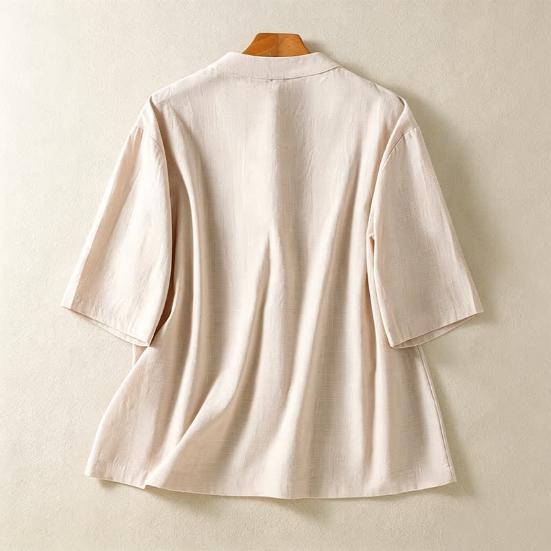 Buddha Stones Camicia da donna a maniche corte, tinta unita, stile vintage Tang, con colletto alla coreana, bottoni a rana e tasche, ideale per l'estate. - image 1