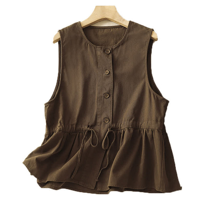 Buddha Stones Canotta estiva casual vintage da donna con bottoni e coulisse, tinta unita, senza maniche - image 1