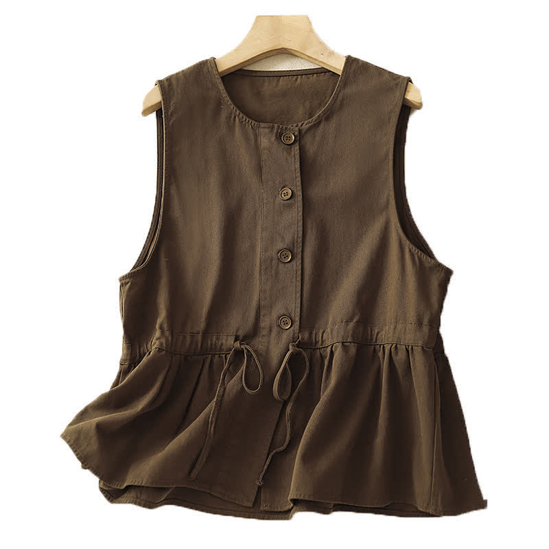Buddha Stones Canotta estiva casual vintage da donna con bottoni e coulisse, tinta unita, senza maniche - image 1