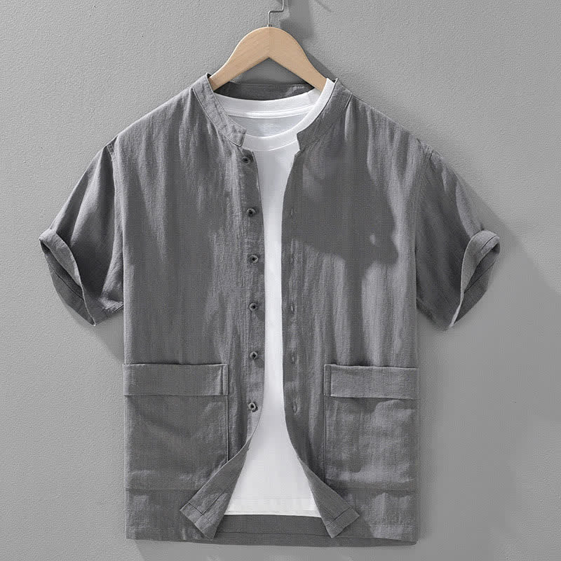 Buddha Stones Camicia da uomo estiva vintage a maniche corte con colletto alla coreana, bottoni e tasche. - Grigio - US/UK/AU42, EU52 (3XL) - image 0