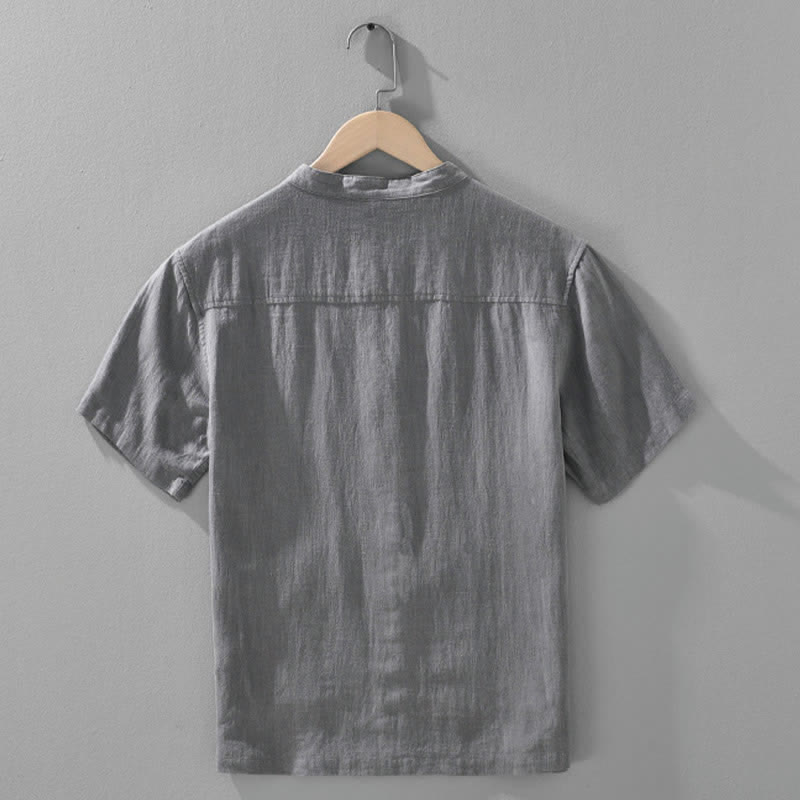 Buddha Stones Camicia da uomo estiva vintage a maniche corte con colletto alla coreana, bottoni e tasche. - image 1