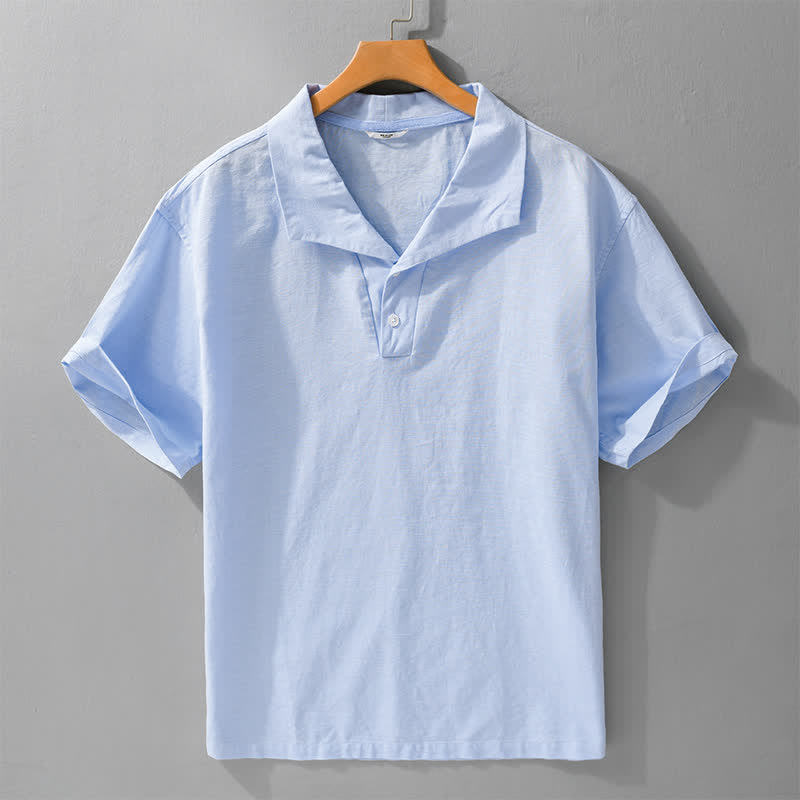 Buddha Stones Camicia da uomo estiva casual minimalista a maniche corte con bottoni e risvolto, tinta unita. - Azzurro cielo chiaro - US/UK/AU42, EU52 (3XL) - image 0