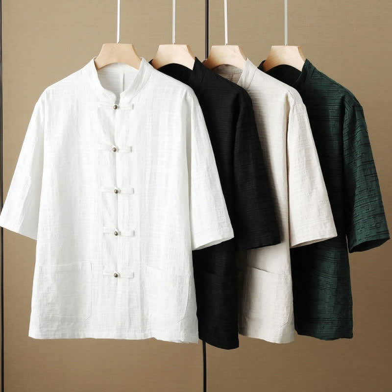 Buddha Stones Camicia da uomo estiva stile Tang, casual, con colletto alla coreana, bottoni a rana, maniche a tre quarti e tasche. - image 10