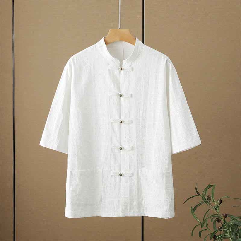 Buddha Stones Camicia da uomo estiva stile Tang, casual, con colletto alla coreana, bottoni a rana, maniche a tre quarti e tasche. - Bianco - US/UK/AU48, EU58 (6XL) - image 3