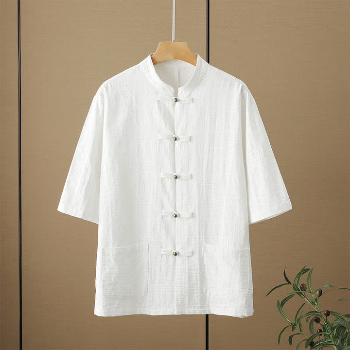 Buddha Stones Camicia da uomo estiva stile Tang, casual, con colletto alla coreana, bottoni a rana, maniche a tre quarti e tasche. - Bianco - US/UK/AU48, EU58 (6XL) - image 3