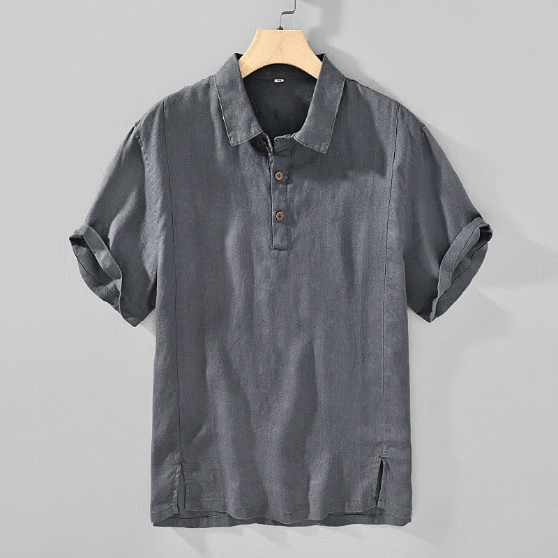 Buddha Stones Camicia da uomo estiva casual minimalista a maniche corte in lino tinta unita con bottoni. - Grigio tenue - US/UK/AU44, EU54 (4XL) - image 0
