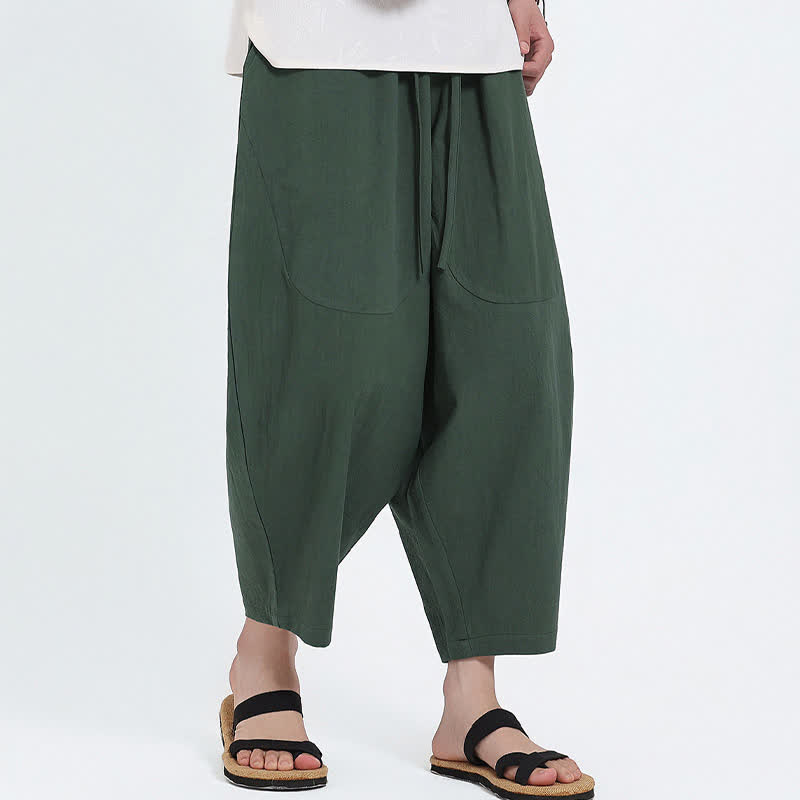 Buddha Stones Pantaloni capri estivi casual con coulisse in cotone e lino tinta unita, pantaloni harem da uomo con tasche - image 4
