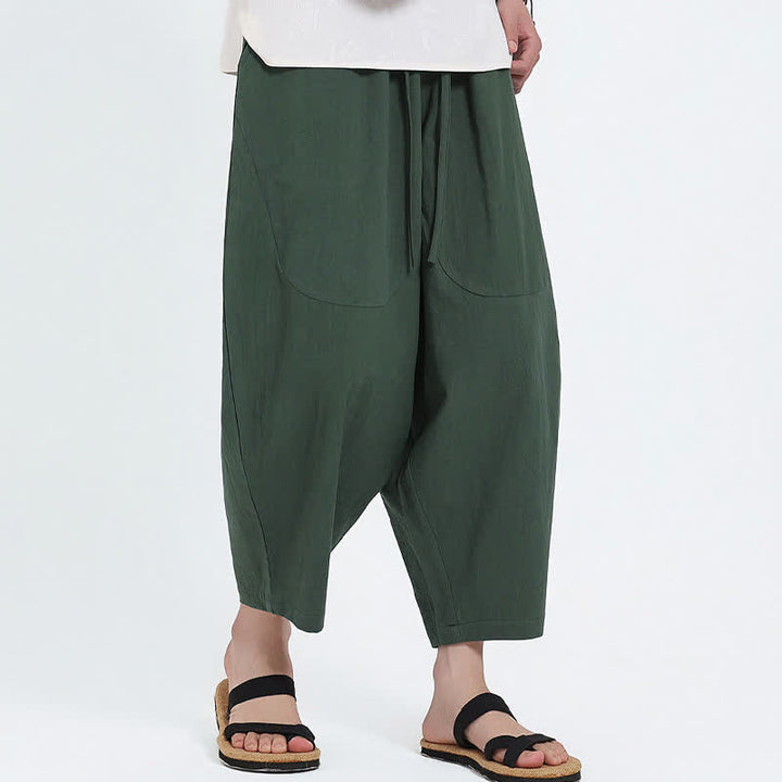 Buddha Stones Pantaloni capri estivi casual con coulisse in cotone e lino tinta unita, pantaloni harem da uomo con tasche - image 4