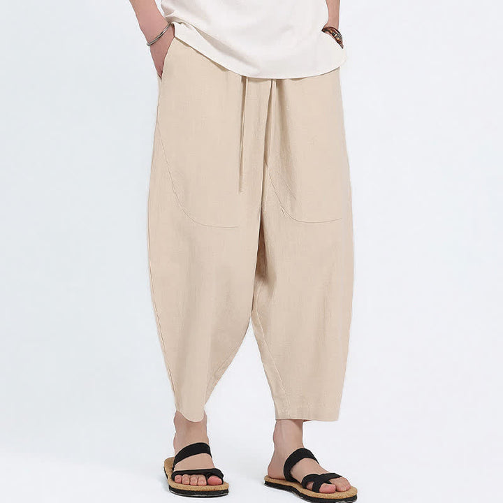 Buddha Stones Pantaloni capri estivi casual con coulisse in cotone e lino tinta unita, pantaloni harem da uomo con tasche - image 16
