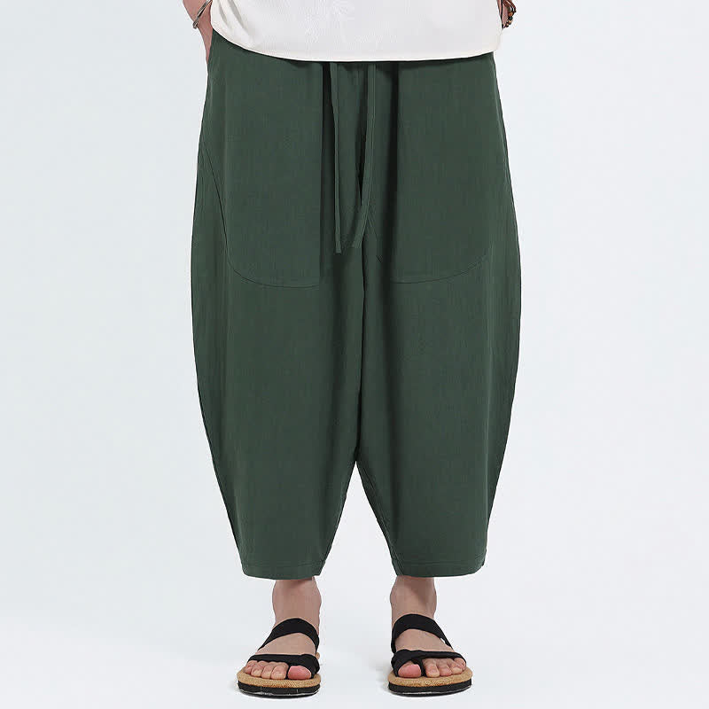 Buddha Stones Pantaloni capri estivi casual con coulisse in cotone e lino tinta unita, pantaloni harem da uomo con tasche - image 1