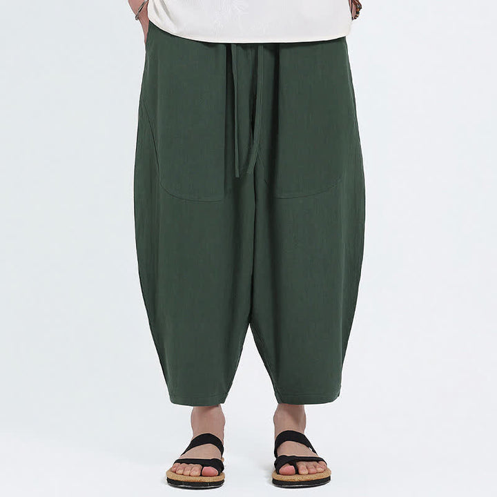 Buddha Stones Pantaloni capri estivi casual con coulisse in cotone e lino tinta unita, pantaloni harem da uomo con tasche - image 1