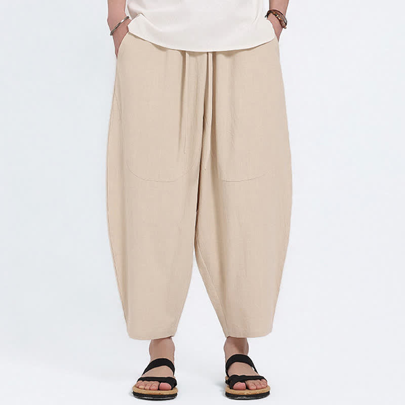Buddha Stones Pantaloni capri estivi casual con coulisse in cotone e lino tinta unita, pantaloni harem da uomo con tasche - Beige - US/UK/AU46, EU56 (5XL) - image 15