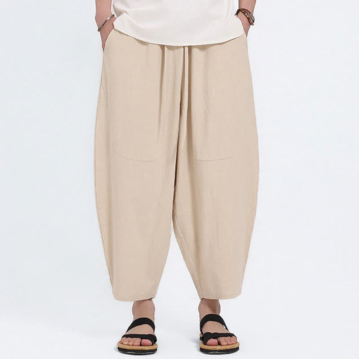 Buddha Stones Pantaloni capri estivi casual con coulisse in cotone e lino tinta unita, pantaloni harem da uomo con tasche - Beige - US/UK/AU46, EU56 (5XL) - image 15