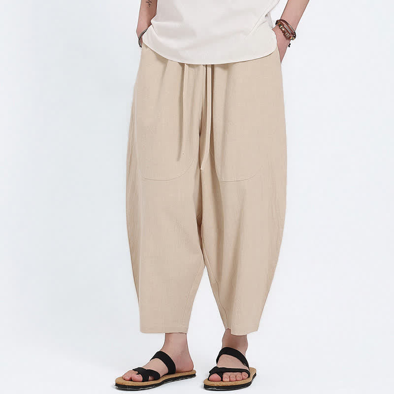 Buddha Stones Pantaloni capri estivi casual con coulisse in cotone e lino tinta unita, pantaloni harem da uomo con tasche - image 18