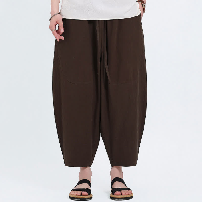 Buddha Stones Pantaloni capri estivi casual con coulisse in cotone e lino tinta unita, pantaloni harem da uomo con tasche - image 14